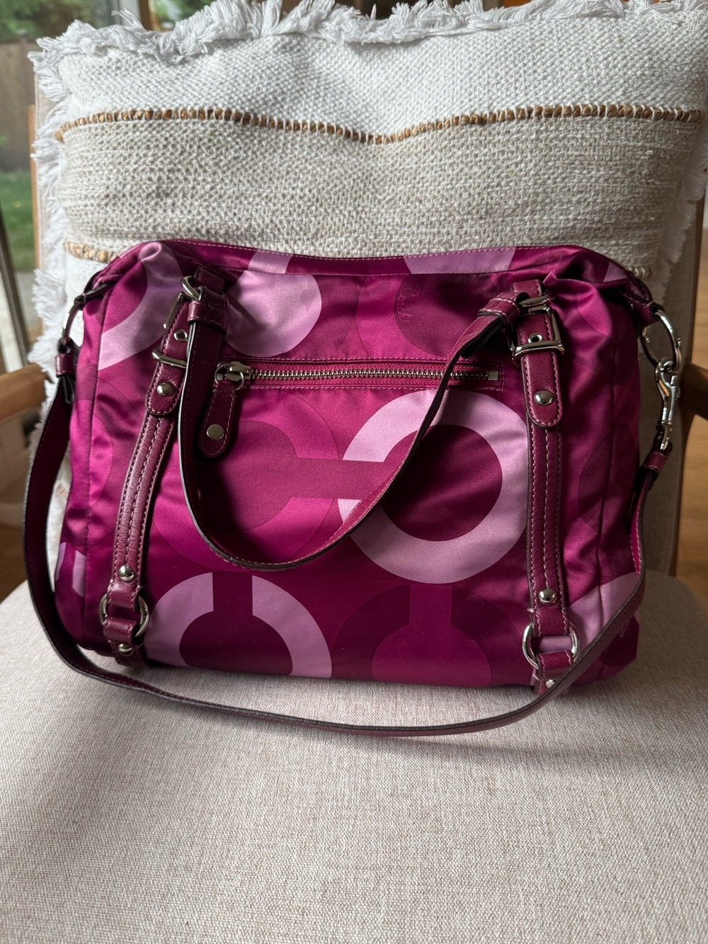 Coach Riley Graphic Opt Art Satin Convertible Satchel Bag Plum